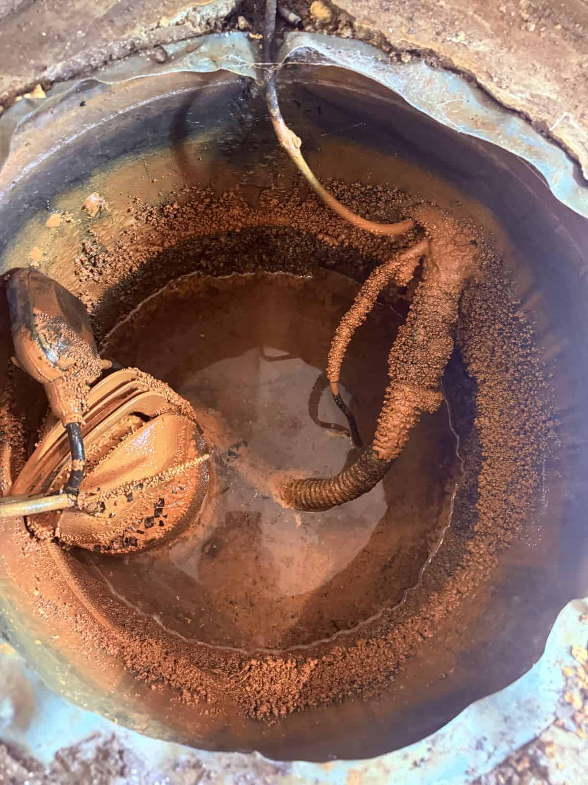 Heavy silt build-up packed around the pump body and cabling inside the sump chamber