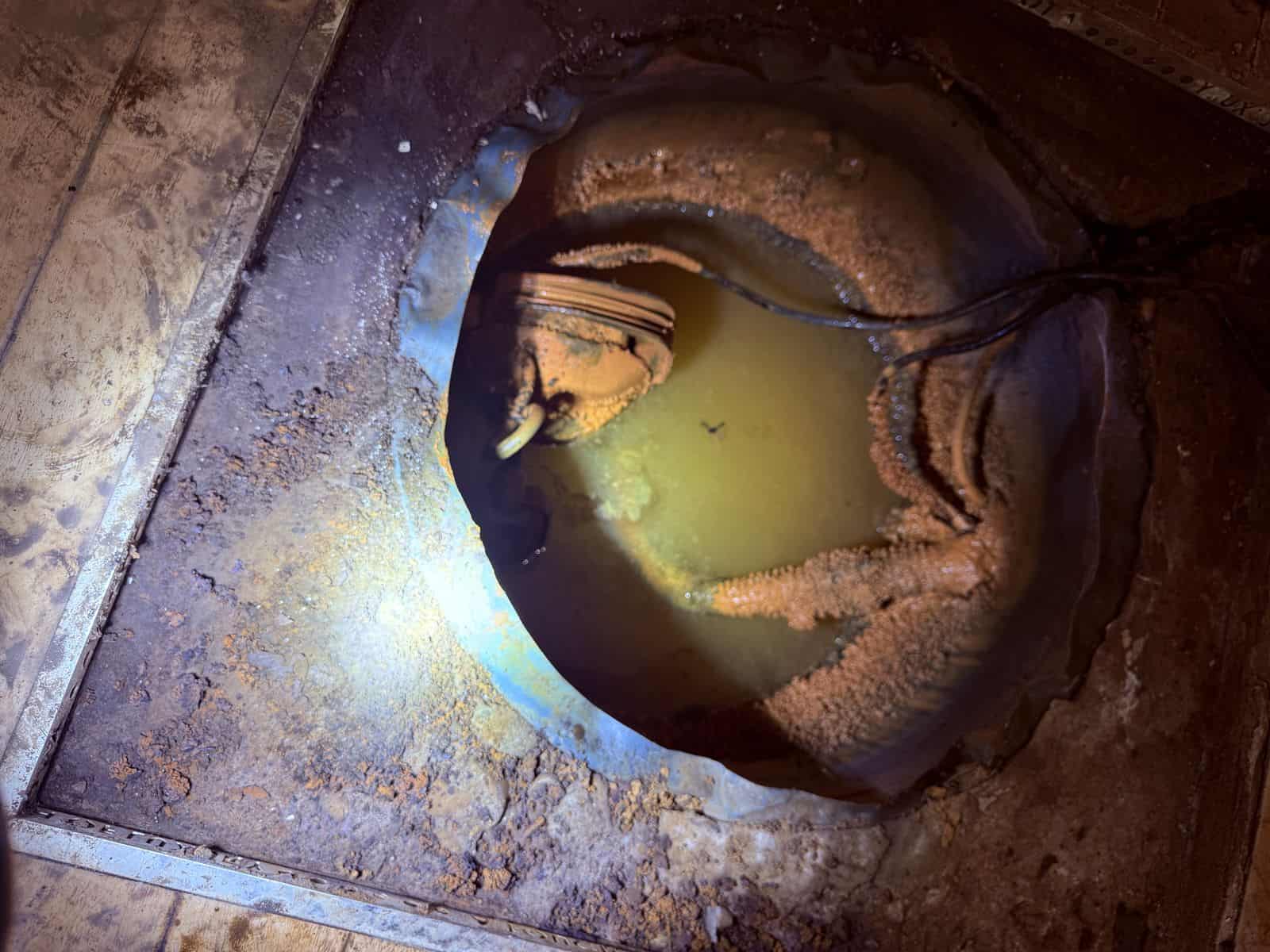 A single sump pump sitting in standing water inside a corroded cellar sump chamber