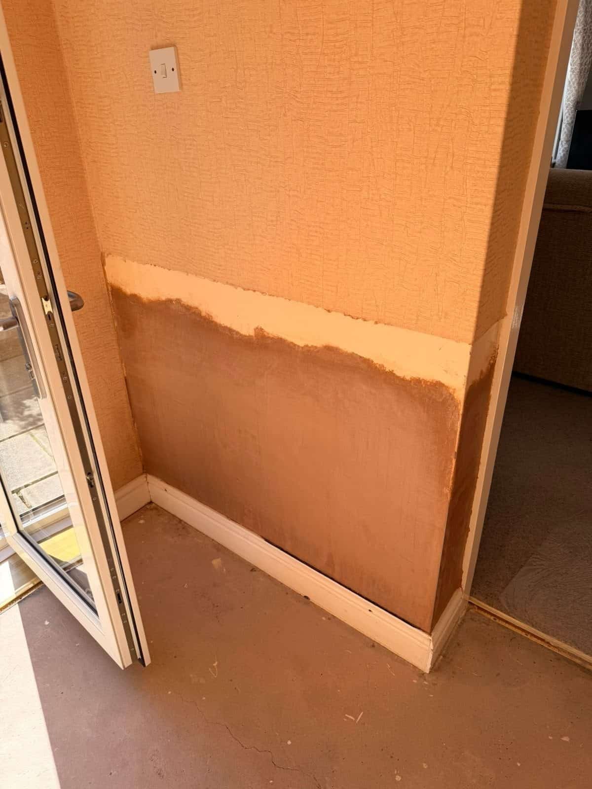 Freshly plastered lower wall with the skirting refitted in a Royston extension, ready to dry out and decorate